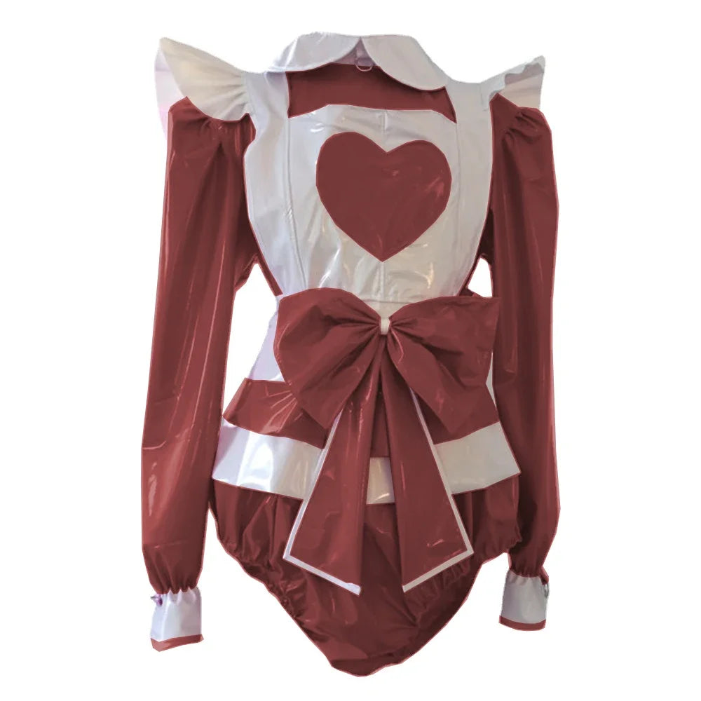Long Sleeve heart Rompers Maid style with Big Bow Apron Spandex PVC Leather Cosplay Suits