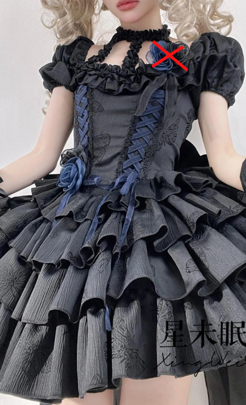 Original Gothic Black Lolita Short Dress Female Slim Fit Bubble Sleeves Neck Halloween Party Dress Women's Summer Dress 2025