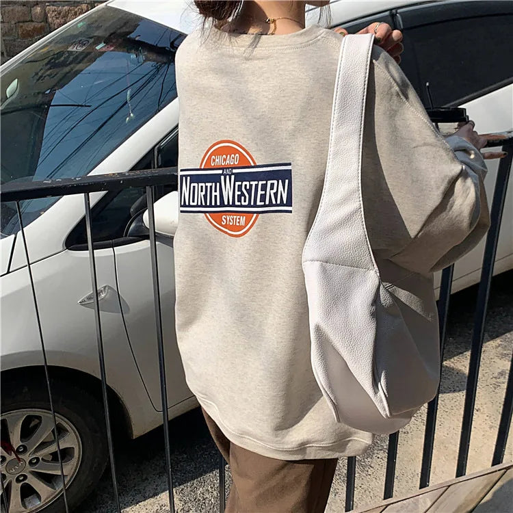 Autumn Thin Pullovers Casual Sweatshirt 2024 Women Loose Round Neck Sweatshirt Vintage Long Sleeve Printed Sweatshirt