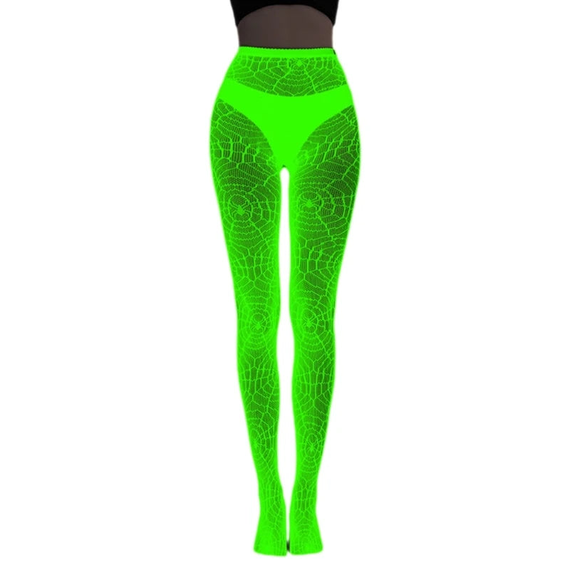 Women Glow in Dark Halloween Fishnet Pantyhose Luminously Spiderweb Skull Pattern Mesh Tights Stockings Party Hosiery