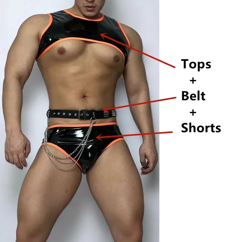 Chains Performance Clothes Club Party Show Rave Outfit DJ Nightclub Male Pole Dancing Costume Fluorescent PU Leather Bikini Belt
