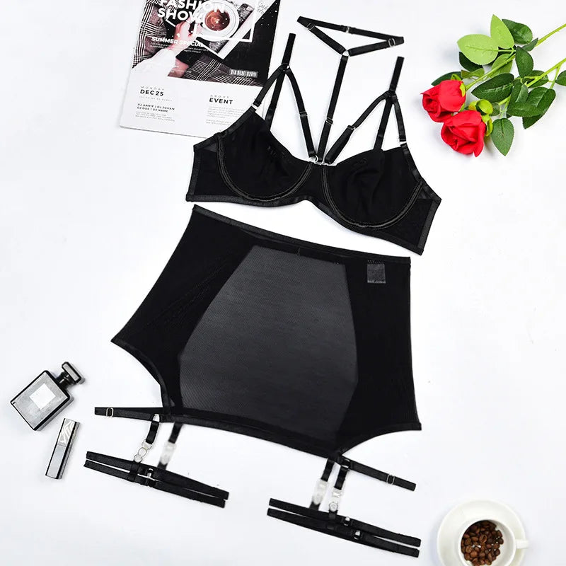 Toucheart Trendy Lingerie 4 Pieces Set Exotic Sexy Bra Eroctic Garter Underwear Set Women's Mesh See-through Luxury Underwear