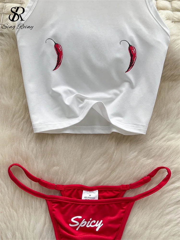 Ashburn 2025 Fashion Print Beach Sets Summer Women Tank Top+Briefs Set Female Sheath Swimsuits Streetwear Sexy Bikini Suits
