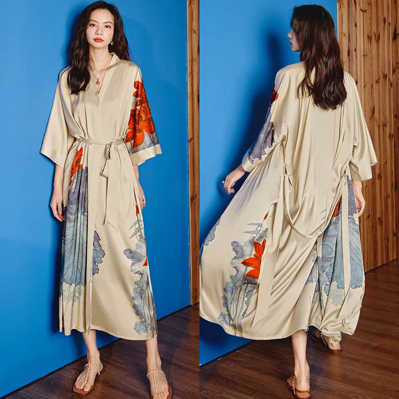 Oversize Long Robe Spring Summer Women Sleepwear Kimono Bathrobe Gown Sexy Satin Nightwear Nightgown Loose Home Dressing Gown
