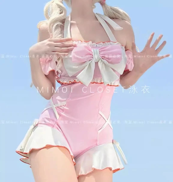 New Lolita Bow Girl Cute Water Blue Swimsuit Hot Spring Bathing Swimwear Japanese Style Women One Peice Swim Suit