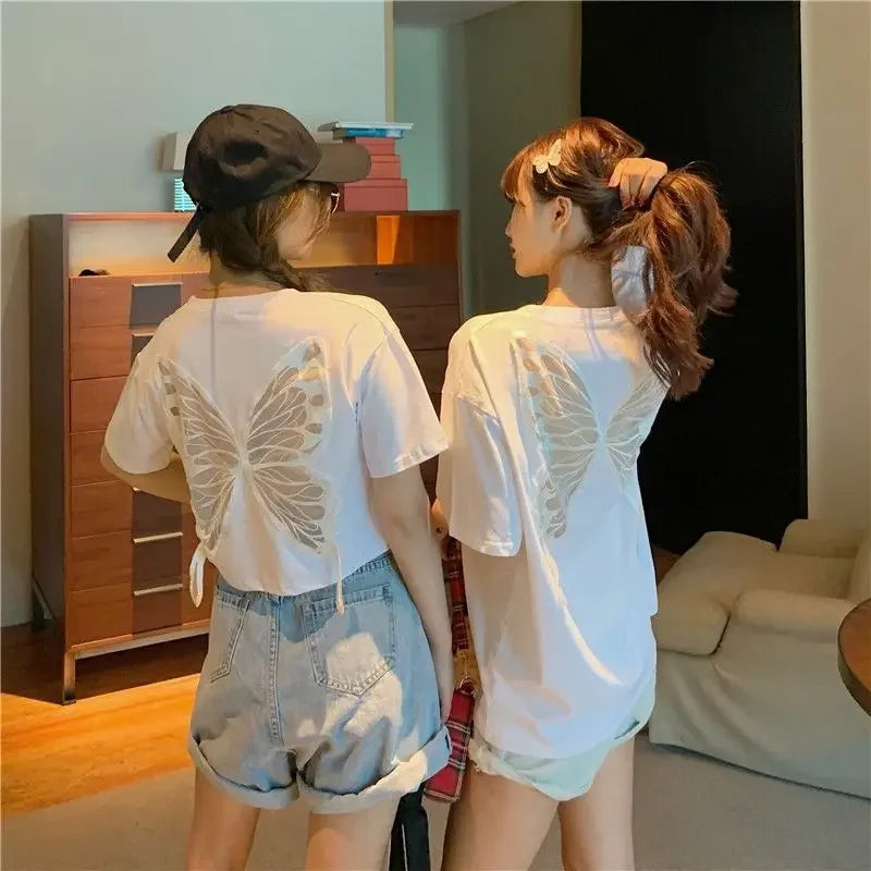 Women's T-shirt Mesh Cotton Female Top 90s Vintage Harajuku Fashion Korean Yk2 Goth Y2k Clothing Pulovers Youthful Clothes 2025