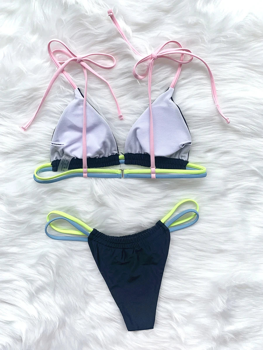 ASHBURNS 2025 String Triangle Strappy Thong Bikini Black Swimsuit Women Sexy Swimwear Female Bather Bathing Swimming Swim Suit Beachwear