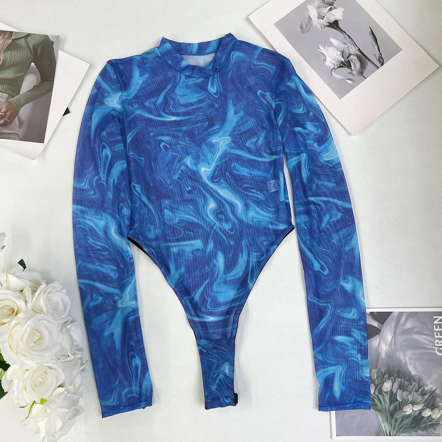 Sexy High Fork Tie Dye Print Bodysuit Women Long Sleeve Cyber Body T-Shirt Game Cosplay Jumpsuit Costume Mesh Transparent