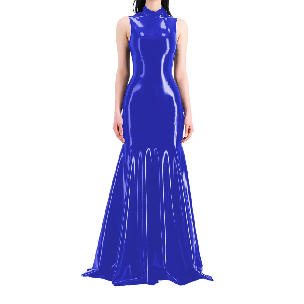 Women's Sleeveless Half High Neck Wet Look PVC Maxi Dress, Faux Latex Mermaid Floor-Length Dress, Party Club Fetish Outfit,