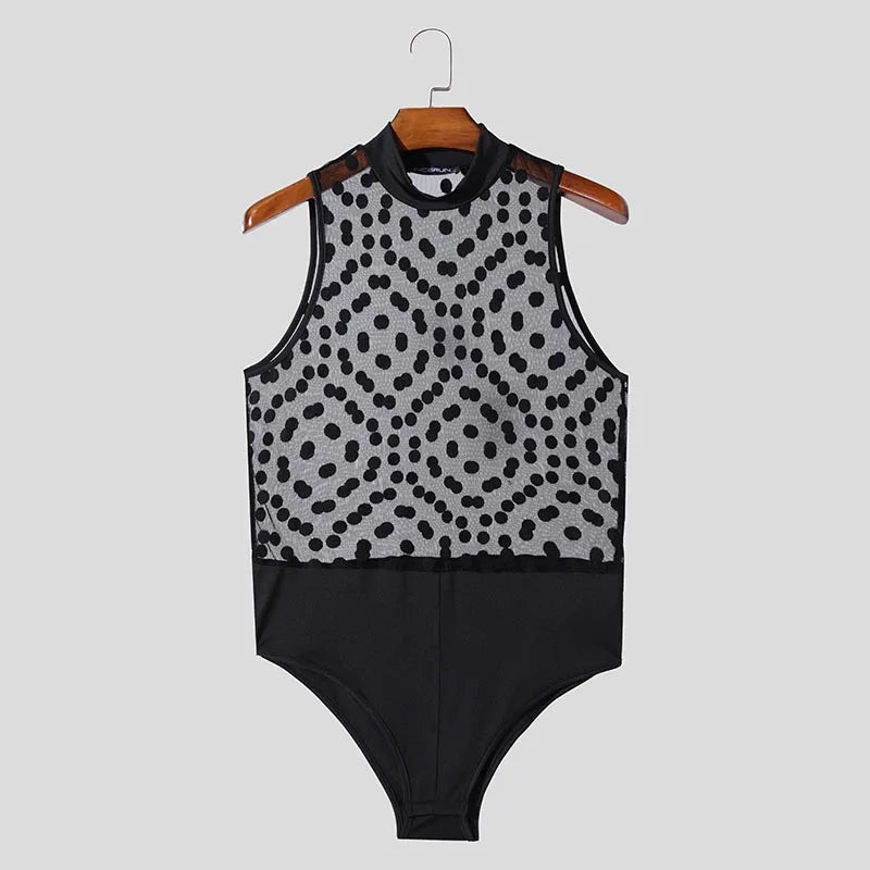 INCERUN Fashion New Men Homewear Polka Dot Mesh See Through Bodysuit Sexy Semi High Neck Sleeveless Triangle Thin Jumpsuit S-3XL