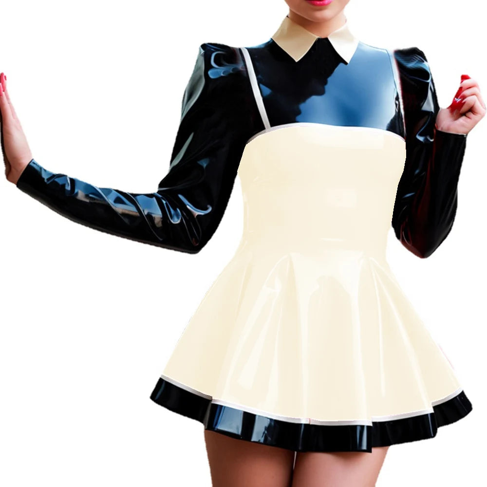 Wetlook-Glossy PVC Patchwork Mini Dress, Lapel Neck, Puff Sleeve, A-line Dress, Faux Latex, Long Sleeve, High Street, Party Club