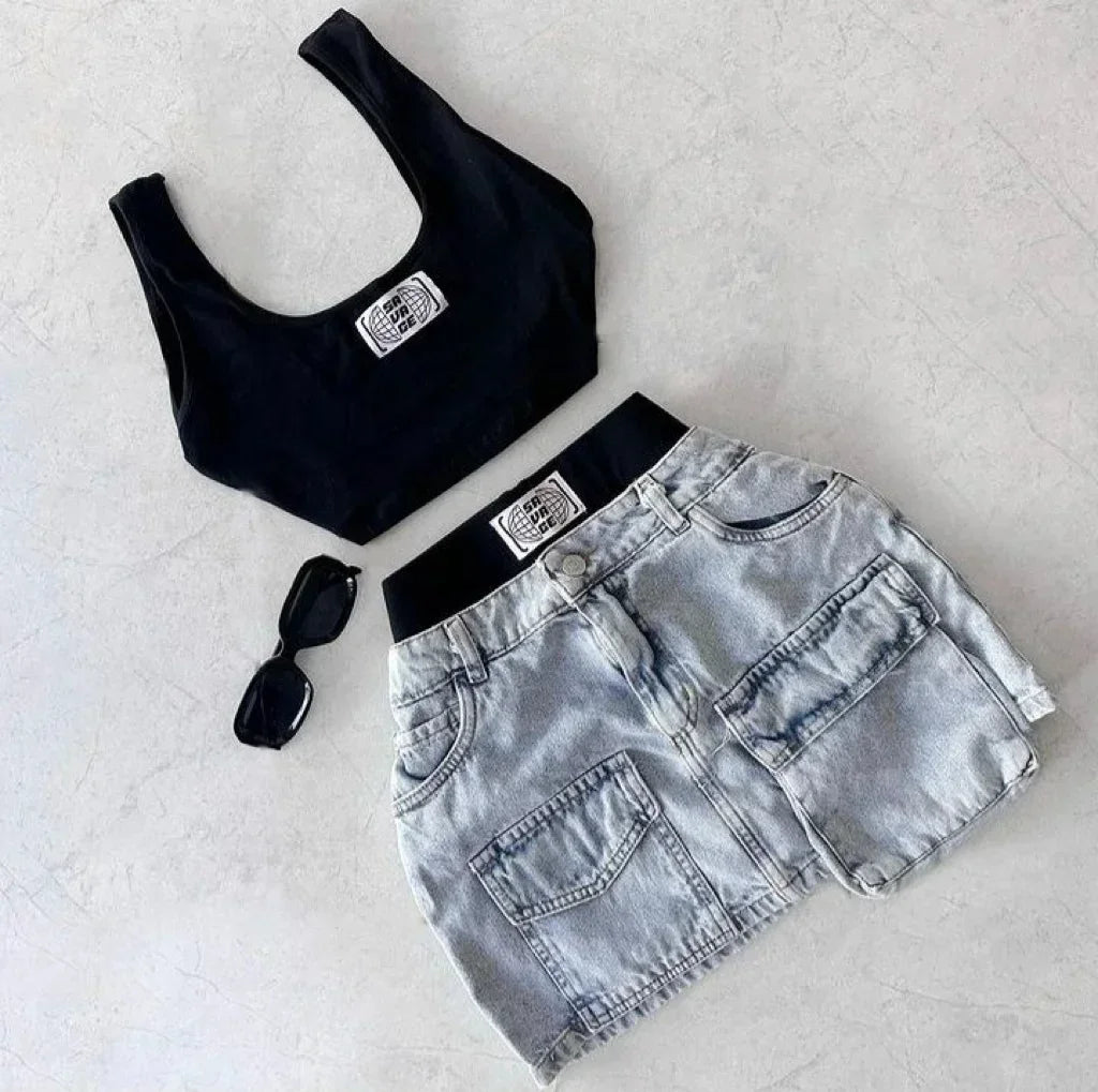 Y2K retro popular sweet sexy camisole mini denim skirt tank top two piece set harajuku low waist splicing hot girl skirt sets