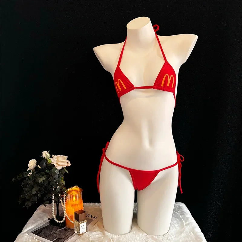Anime Sexy Underwear Role Play Lingerie Summer Women's Swimsuit Bikinis Set Backless Lace-Up Bra Thong Underwear Nighties