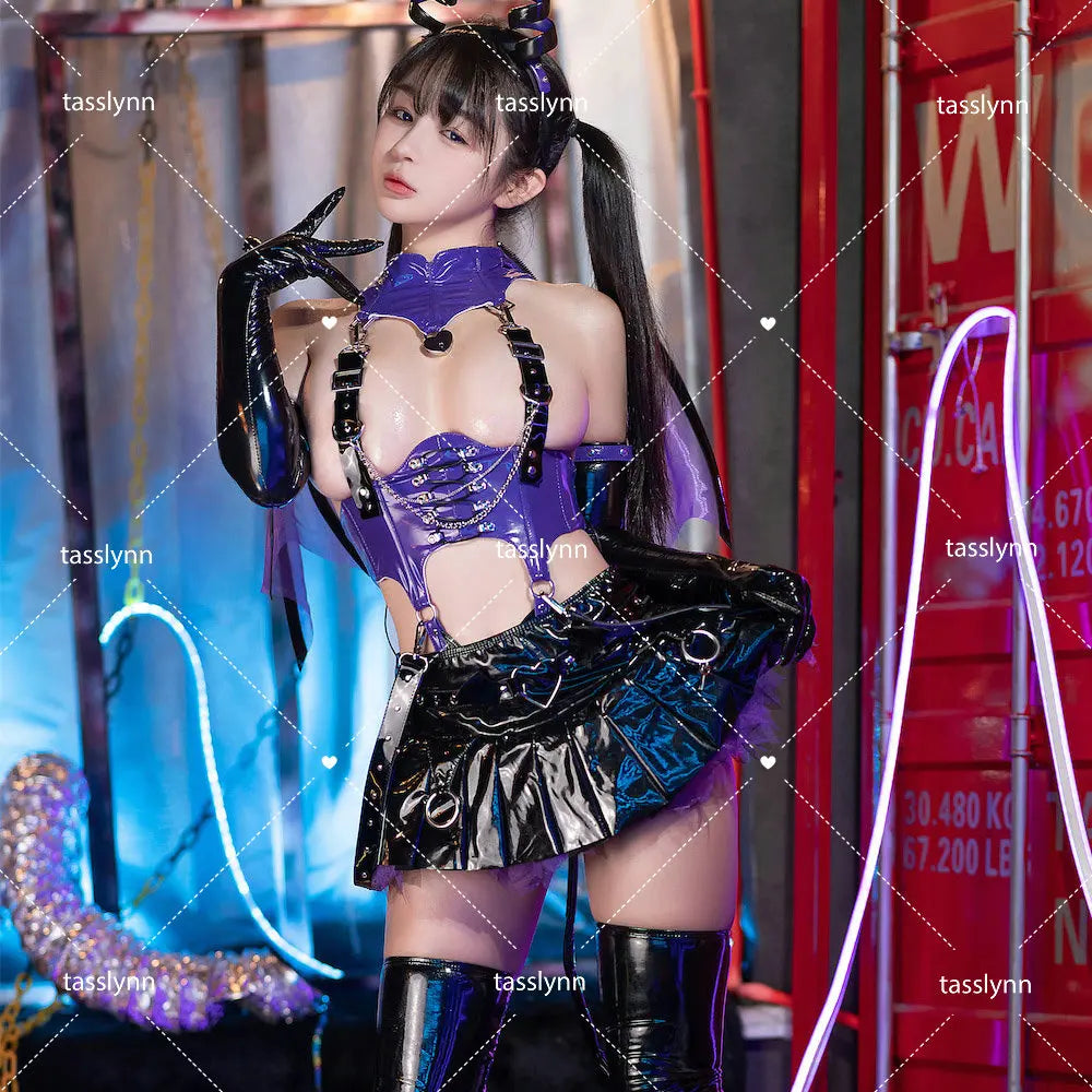 Sexy Patent Leather Purple Little Devil Succubus Cosplay Costumes Original  Dress Enchanting Little Demons Halloween Dark Series