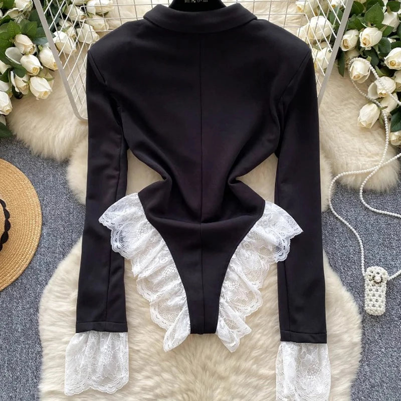 Toucheart Sexy Lingerie Onesie for Women Deep V-neck Lace Patchwork Long-sleeved Jumpsuit Sexy Contrast Color Underwear Suit New
