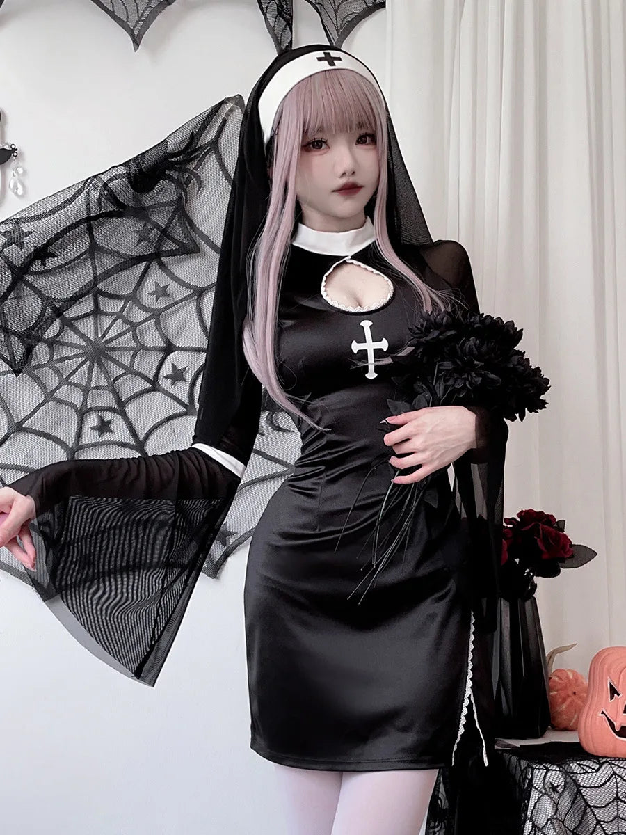 Halloween Sexy Nun Cosplay Costume Vampire Cross Dark Gothic Style Black Nun Dress With Headwear Carnival Roleplay Clothes