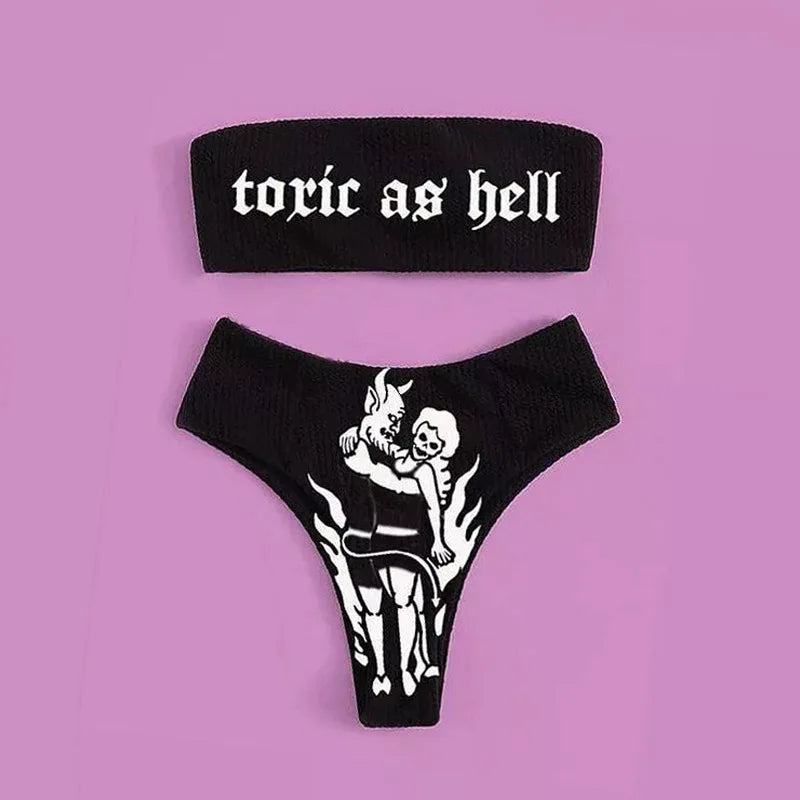 Gothic Bikini 2025 Women Skeleton Tube Top Bra Triangle Bottoms Swimsuit Split Bathing Suit Underwear Y2K Bikinis Punk Swimwear