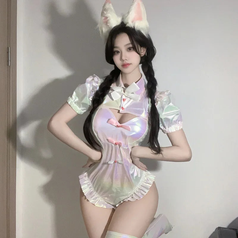 NEEDY GIRL OVERDOSE KAngel Bodysuit Cosplay Sweet Lolita Laser Ruffle Swimsuit Pink Cute Bodysuit Role Play Outfits Halloween