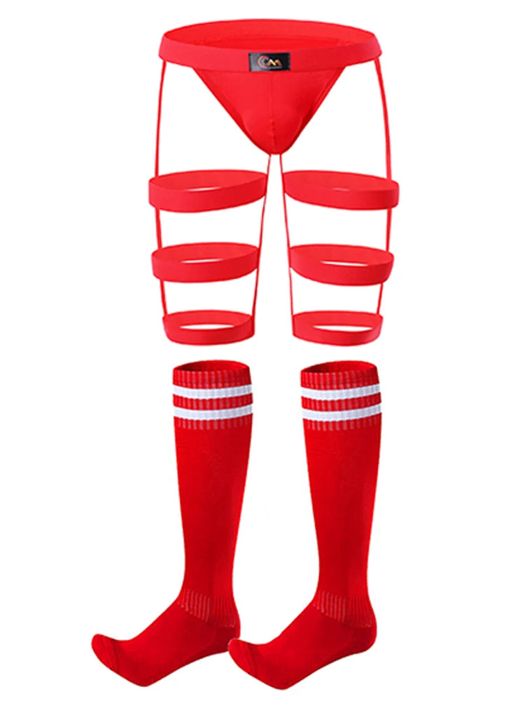 CLEVER-MENMOD Men Sexy Porn Halterneck Chest Briefs Stockings Set Jockstrap BDSM Harness Lingerie Exotic Sissy 18+ Adult Costume