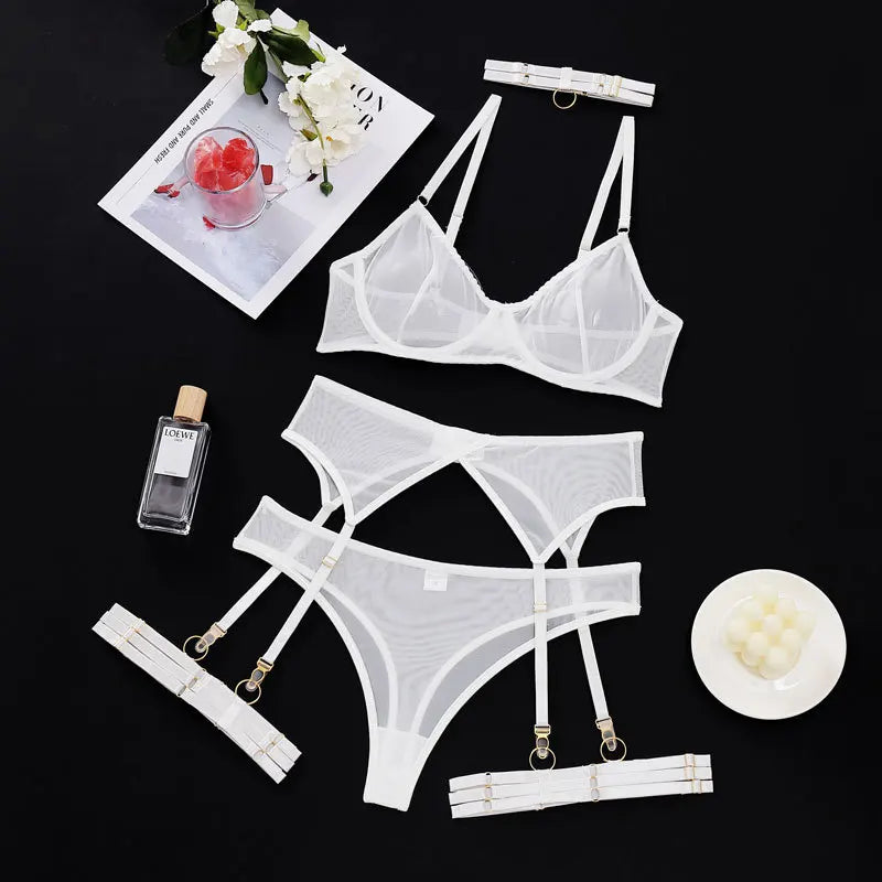 Ashburn Sexy Erotic Lingerie Underwear Bra Garters Brief Sets -multiple colors Women's Transparent Lace Seamless Mesh See-through Underwear New