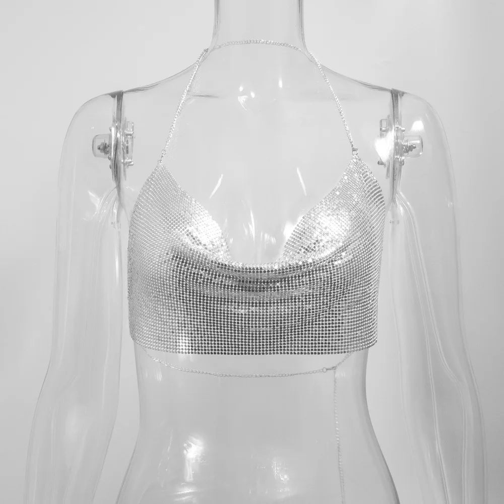 Sexy Metal Metallic Crop Top Women Beach Halter Corset Tops Glitter Backless Party Club Tank Top Clothes Top Camisole Croppe