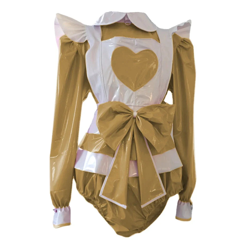 Long Sleeve heart Rompers Maid style with Big Bow Apron Spandex PVC Leather Cosplay Suits
