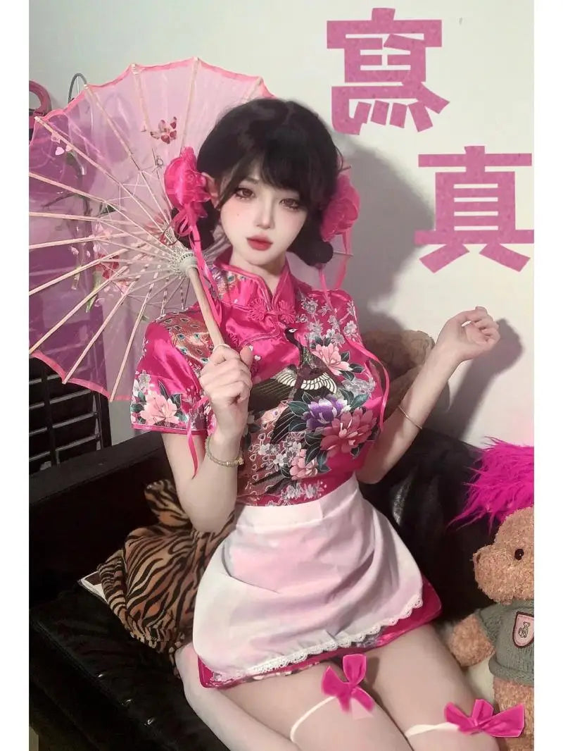 Chinese Cooking Style Hanfu Sexy Dress Girl Pure Desire Style Spicy Girl Dress Improved Cheongsam Dress For Women With Apron Set