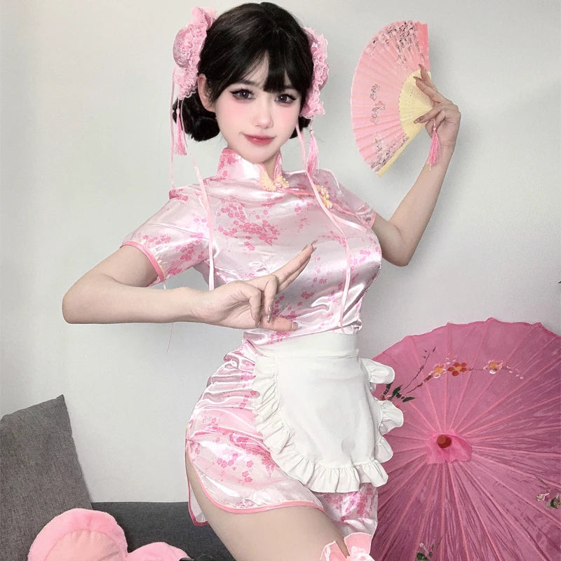 Sexy Mini High Split Cheongsam Women Vintage Button Short Sleeve Qipao Traditional Chinese Silm Dresses Cosplay Costume