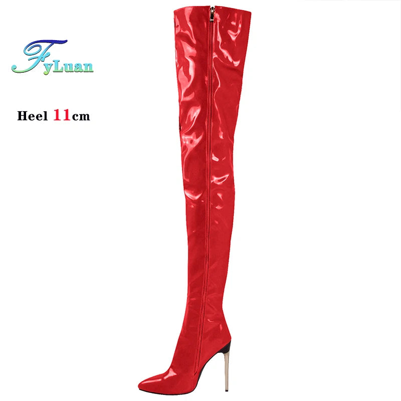 Size 35-48 Over-the-Knee Boots For Woman Patent Leather Nightclub Long Shoes 11CM Women Thigh Boots Stripper Heels Botas Mujer