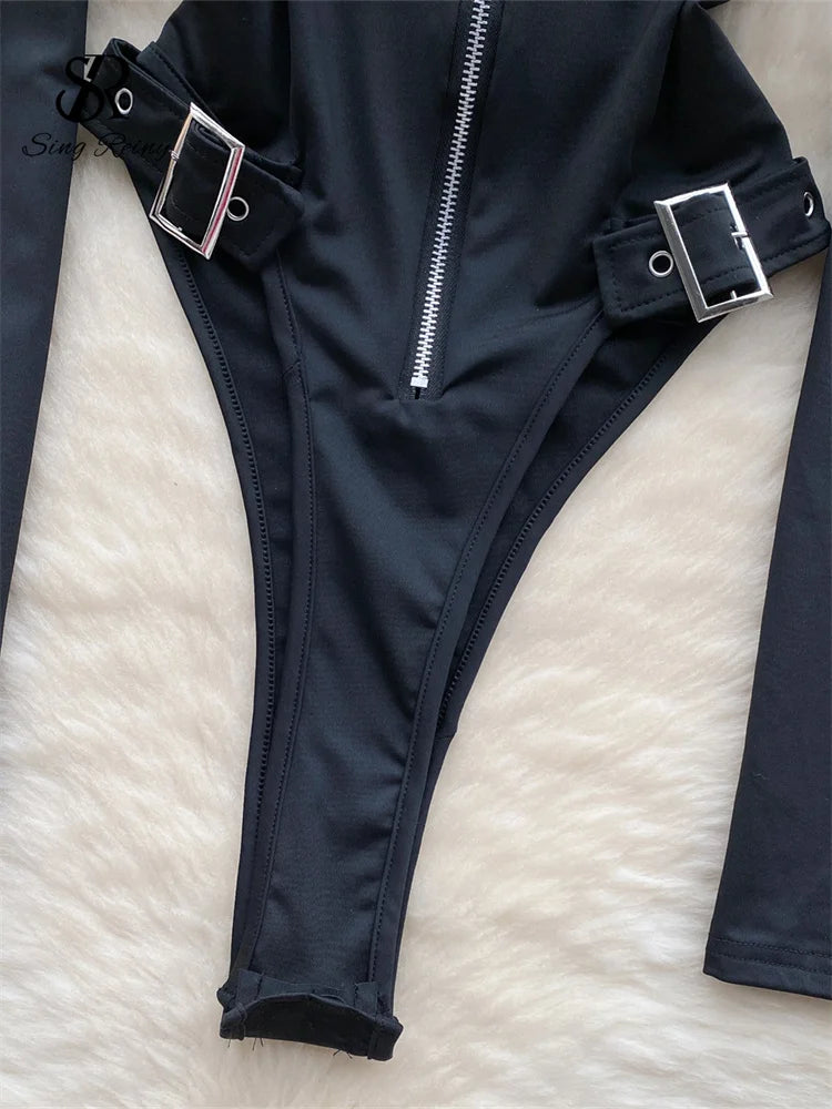 Vintage Zippers Slim Rompers Female Half High Sheath Playsuits Fashion Open Crotch Women Streetwear Bodysuits