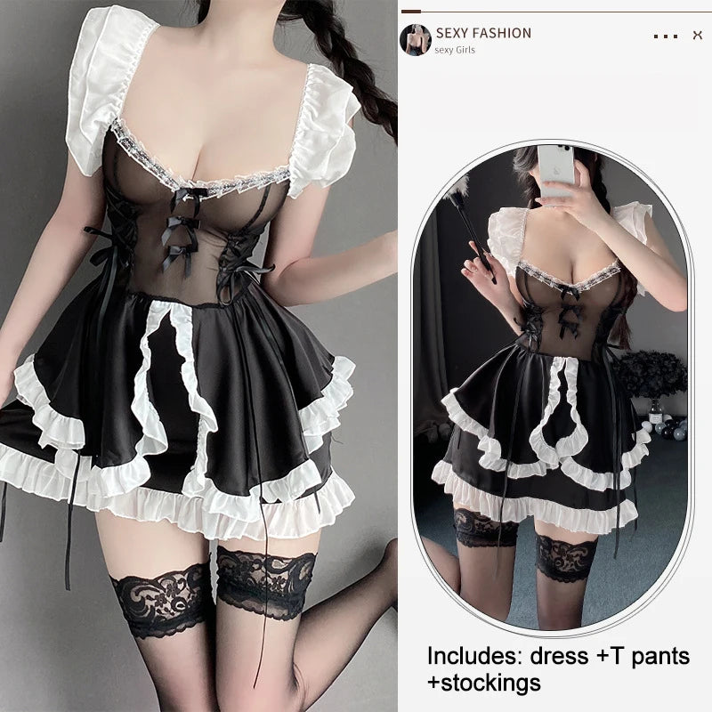 Maid Dress Cosplay Costumes Women Sexy Lingerie Perspective Erotic Underwear Sweet Uniform Skirt Maid Lace Outfit Porno Suit