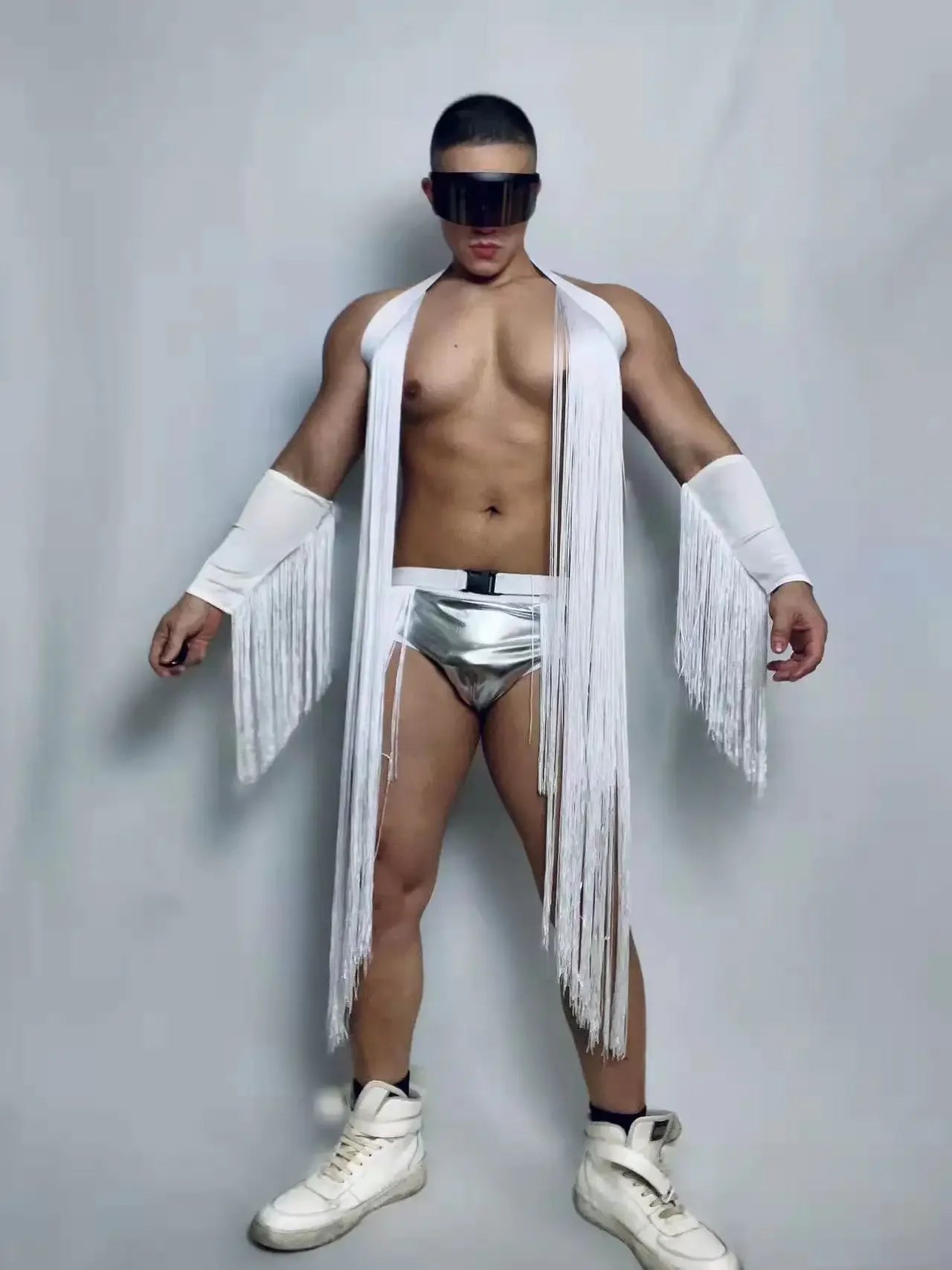 Male DJ Dancer Team Sexy Stage Wear Nightclub Bar Gogo Dance Costume White Tassel Festival Rave Outfits Club Party Rave Outfits