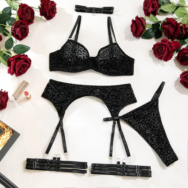 Toucheart 5-Piece Suit Sexy Underwear Suit Flocked Leopard Print Fashionable Hollow Sexy Lingerie Women Perspective Underwear