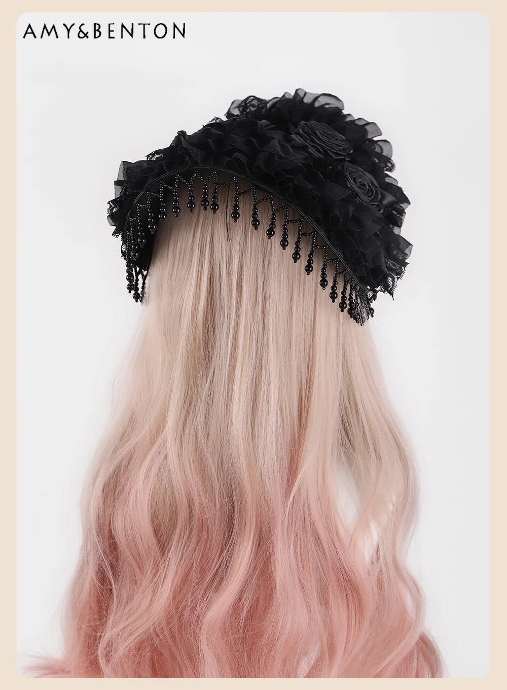 Original Handmade Gothic Dark Cosplay Lolita Hat Subculture Punk Style Black Pearl Fringed Lace Rose Hats Halloween Hat Women