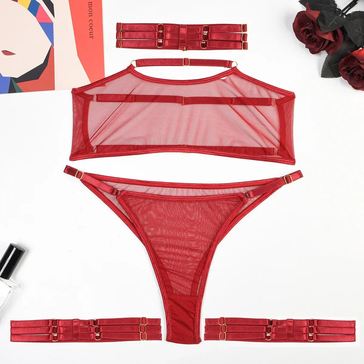 Toucheart 4 Piece Set Sexy Lingerie Set Elasticity Mesh Patchwork See-Through Breast-Wrapping Three-Point Briefs Sexy Underwear
