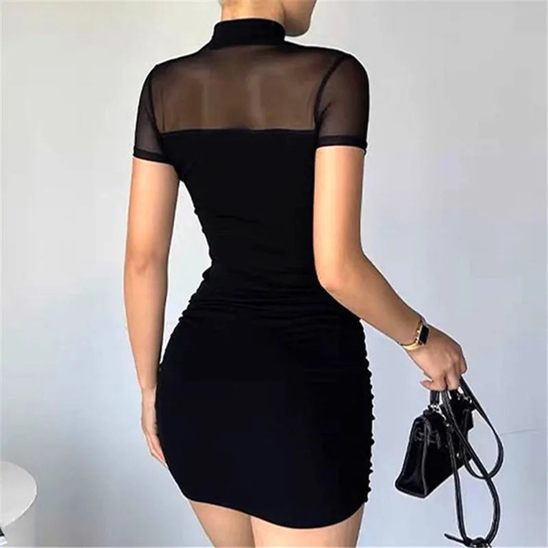 Goth Dark Mall Goth Mesh Patchwork Short Sleeve Mini Dress Cyber Y2K Half High Pleat Bodycon Dresses Women Slim Techwear