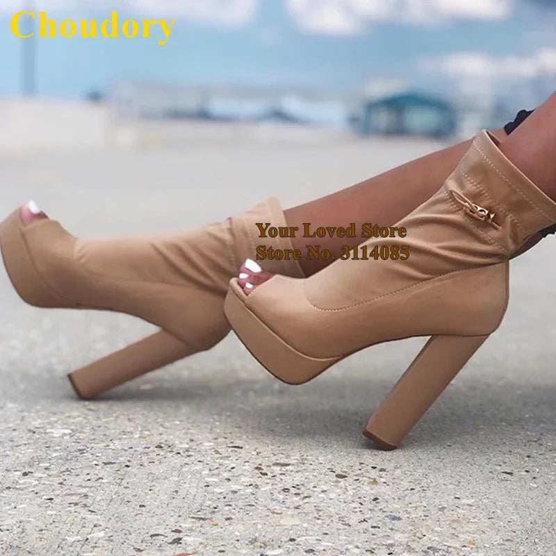 Choudory Lime Green Hot Pink Stretch Lycra Short Boots Chunky Heels Platform Ankle Boots Lace-up Open Toe Dress Shoes Pumps