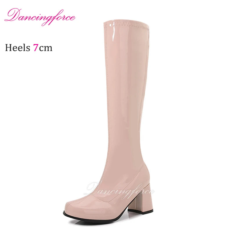 Orange Sexy Retro 60s 70s Gogo Boots 7cm Chunky Block Heel Club Knee High Boots CrossDressing Unisex Shoes Women