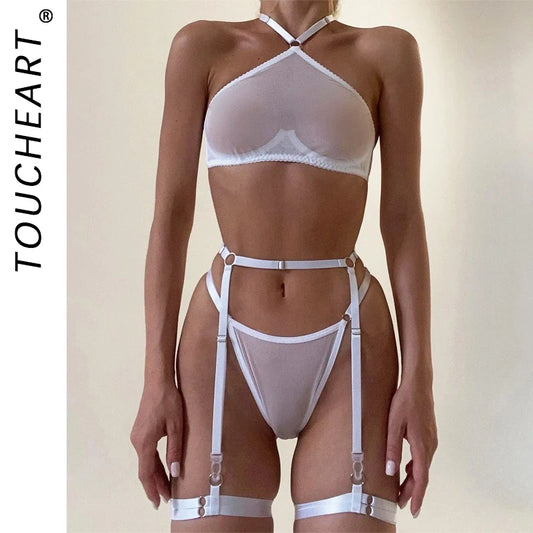 Toucheart 2024 Erotica Underwear Kit Ultra-Thin See-Through Mesh Steel Ring Gathered Sexy Hanging Neck Lingerie Four-Piece Set