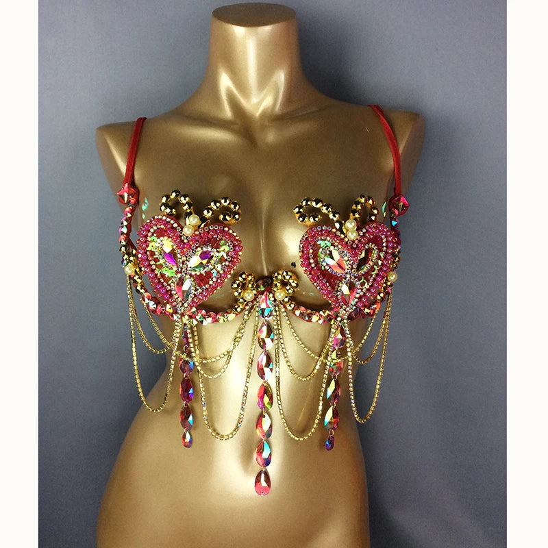 Samba Carnival Bra Rainbow Pink & RED Stone Belly dancing WIRE BRA message to order direct from Ashburn.