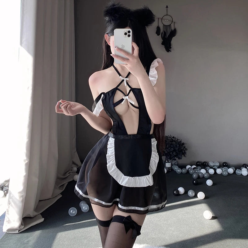 Sexy Lingerie Women's Role Play Babydoll Dress Hollow Out Cosplay Costumes Maid Uniform French Hot Apron Wild Sweet Servant Set