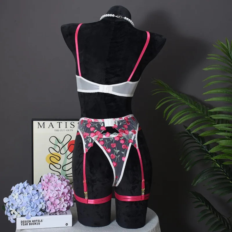 Ashburn Sexy Lingerie Suit for Women Mesh See-through Embroidery Contrast Color Sexy Temptation 4-piece Bra Set Sexy Underwear