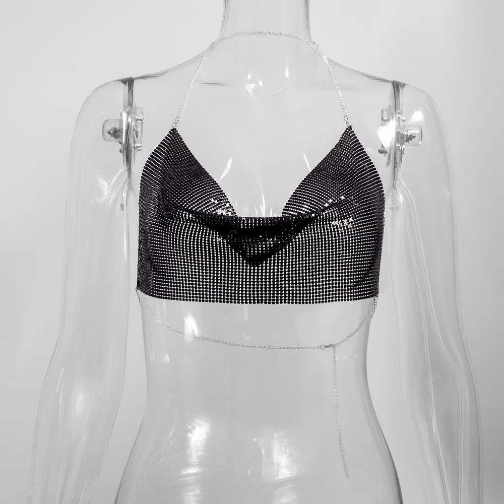 Sexy Metal Metallic Crop Top Women Beach Halter Corset Tops Glitter Backless Party Club Tank Top Clothes Top Camisole Croppe