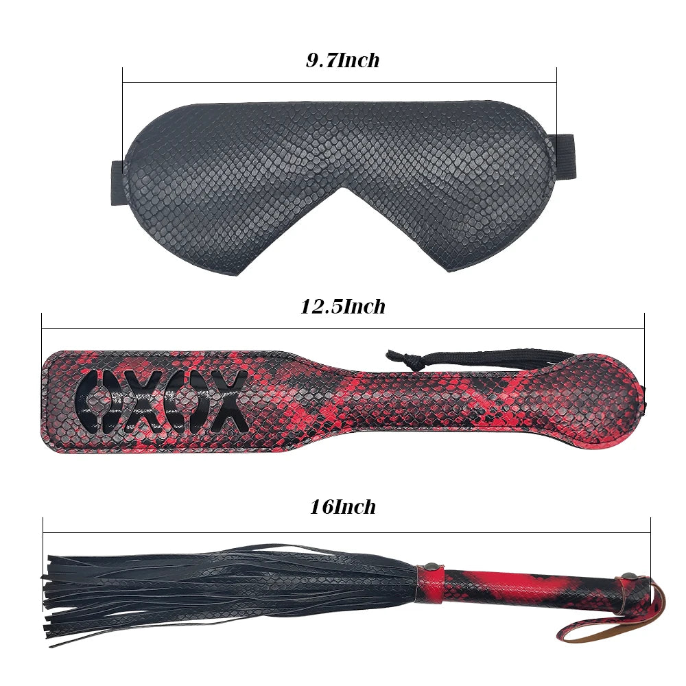 3pcs Bondage Kits Snake Leather Restraint BDSM Sets XOXO Paddle Spanking Whip and Blindfold Bondage Sex Toy for Couples