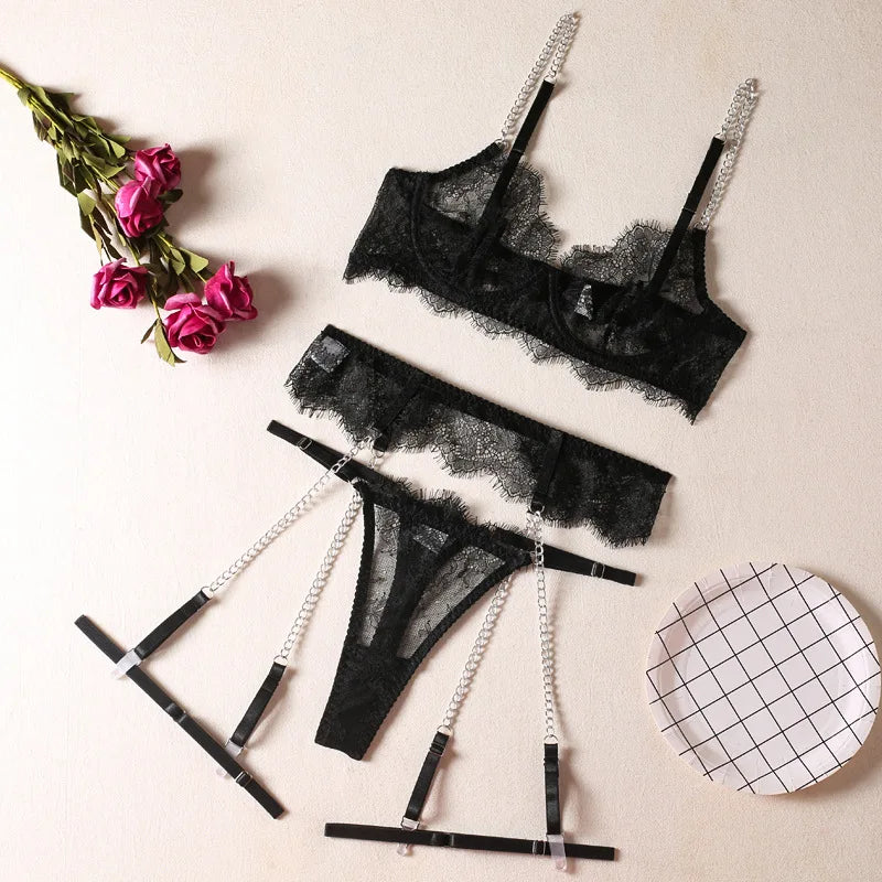 Toucheart Sexy Lingerie Lace Metal Chain With Garter Belt Set Bodysuit Women Perspective Underwear Porn Lace Sleepwear Set New