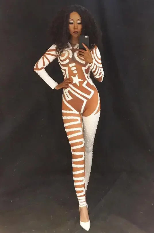 Sexy White Sparkling Rhinestones Jumpsuit Dj Nightclub Singer Costume Women Nightclub Party Stage Wear Costume Dance Singer Wear