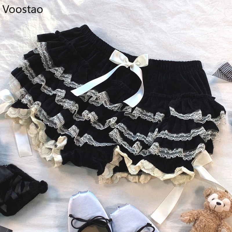 Autumn Winter Sweet Lace Ruffles Women Lolita Safety Short Pants Cute Knickers Velvet Princess Underpants Girl Harajuku Bloomers