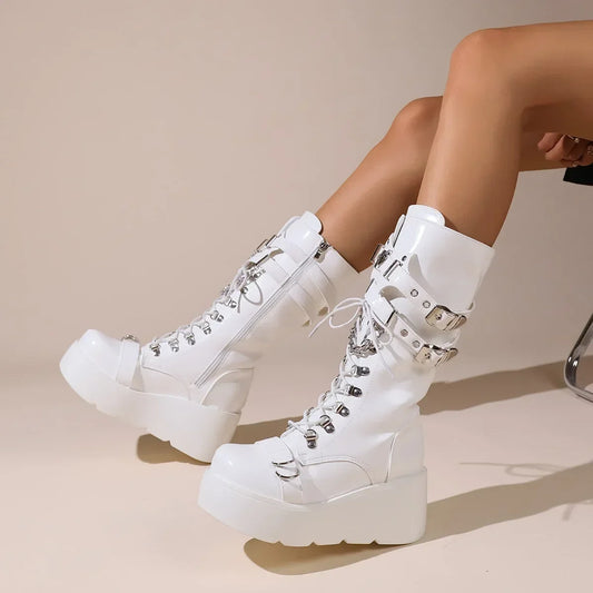 Platform Boots Riveted Buckle High Women's Boots Punk Spice Chic Biker Rider Boots