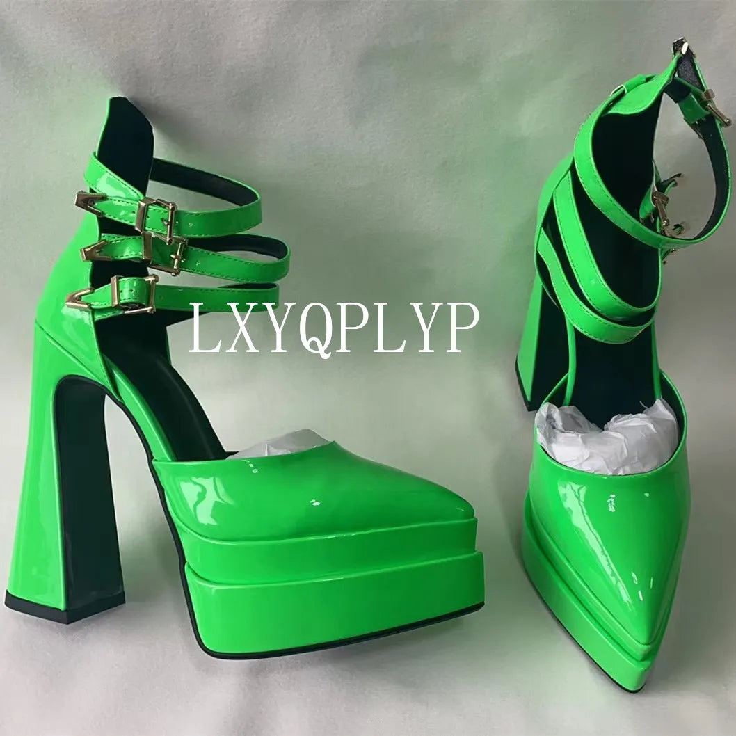 Pointed Toe Patent Leather Roman THICK HEELS Women's Platform Summer Thick High HeelS