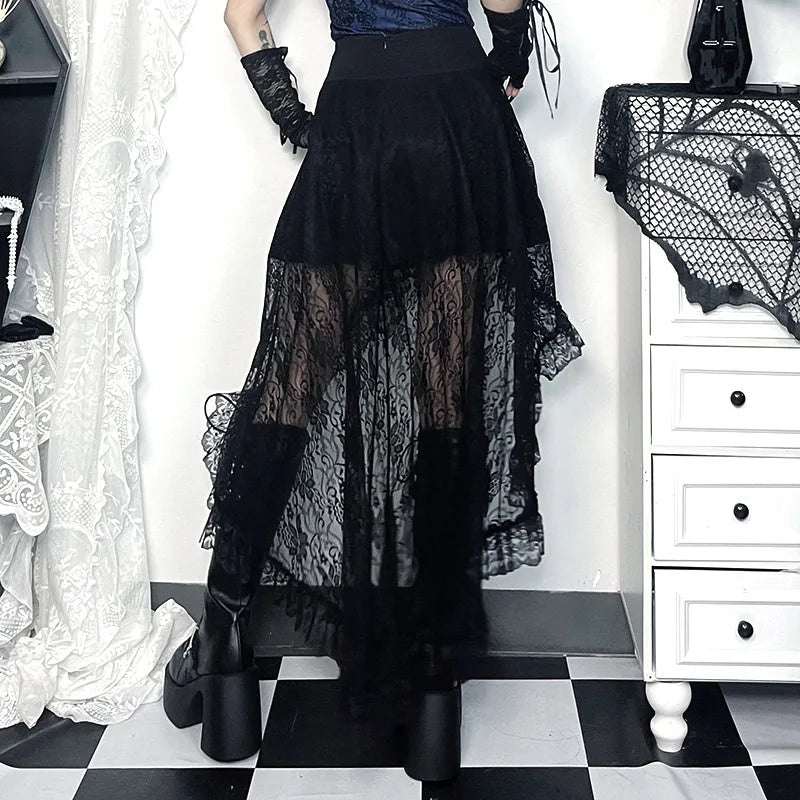 Goth Dark Irregular Hem Lace Patchwork Skirts Fairy Grunge Metal Buckle Zip Streetwear Chic Bottoms Mall Gothic Women Alt Skirts